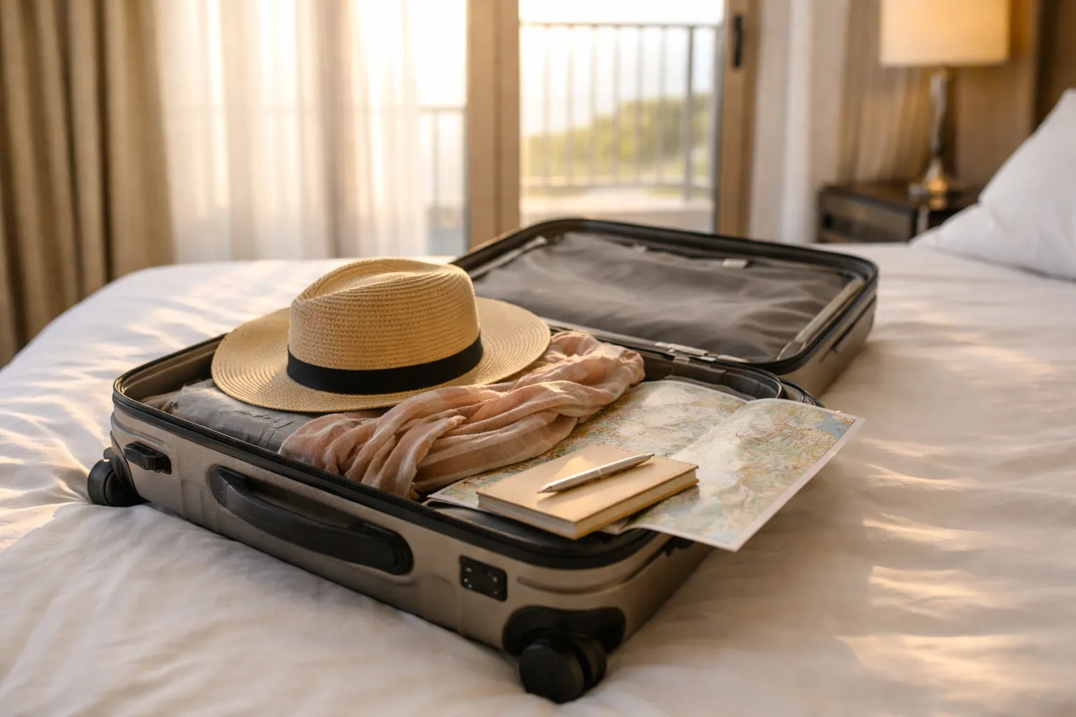 Valise ouverte sur un lit d'hôtel avec un chapeau de paille, une écharpe, une carte et un carnet
