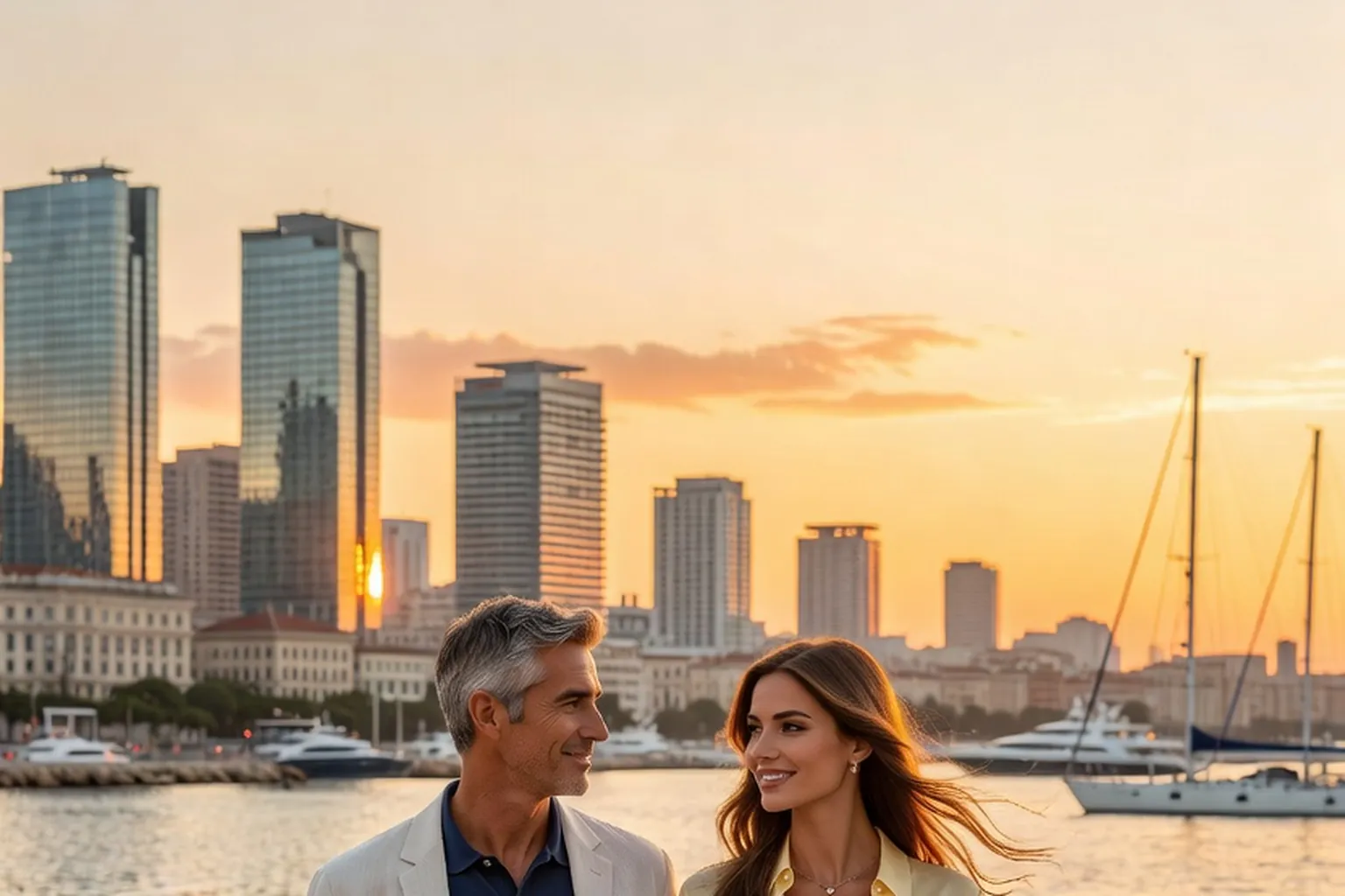 Un homme aux cheveux gris et une femme aux cheveux longs se regardant en souriant au bord de l'eau, au coucher du soleil