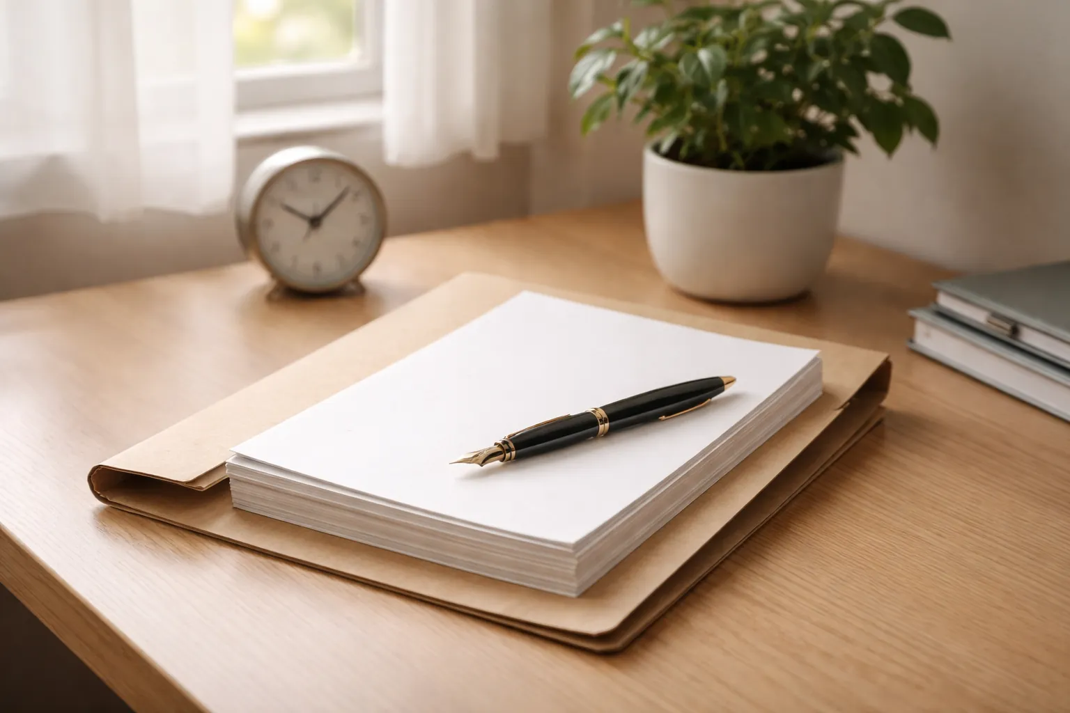 Un bureau rangé, avec une chemise cartonnée, un stylo-plume et une petite plante
