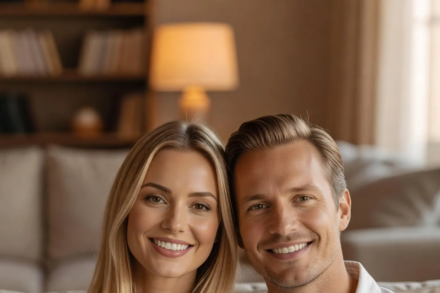 Un couple installé sur un canapé devant un ordinateur portable, souriant