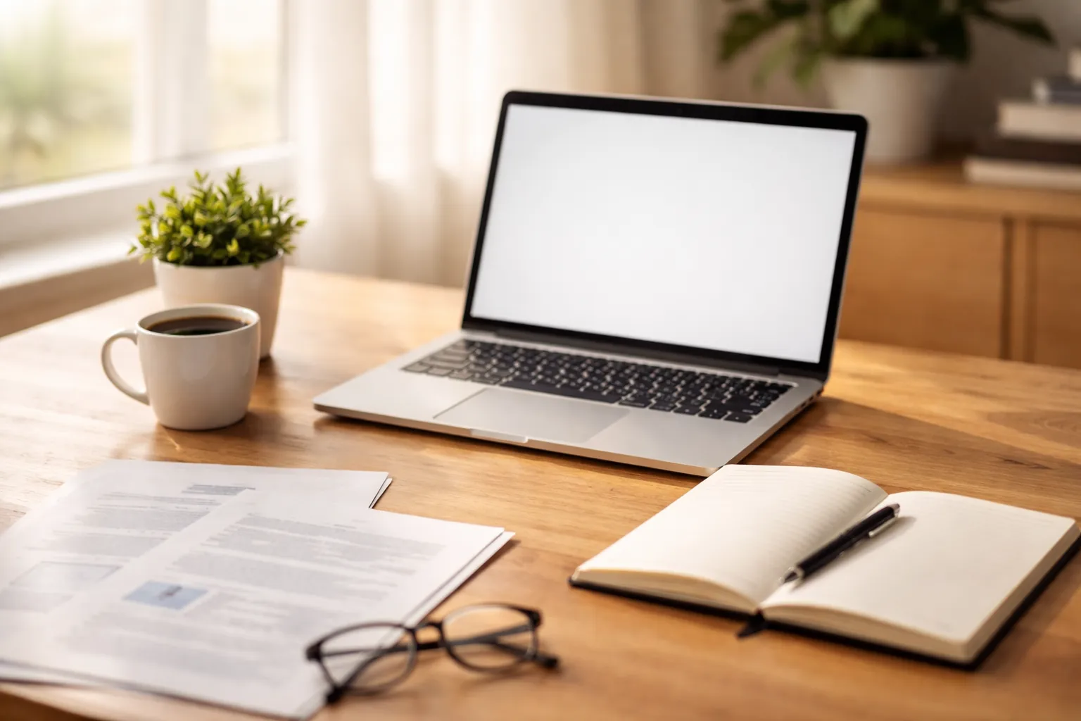 Un bureau avec un ordinateur portable, un carnet, des feuilles, des lunettes et une tasse de café