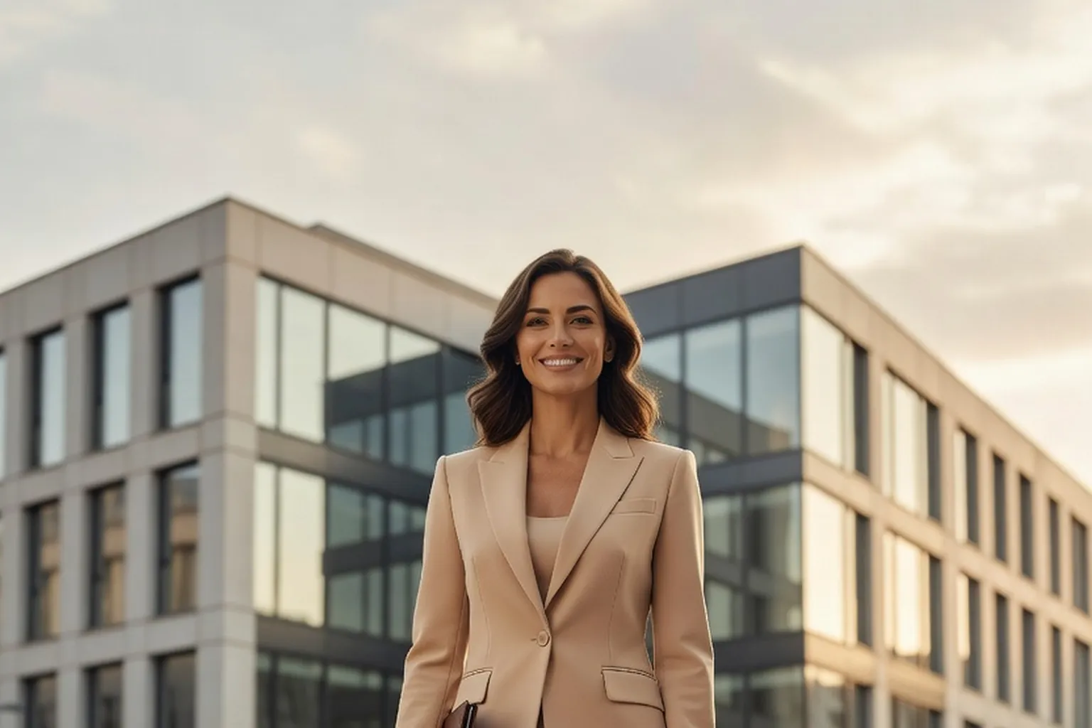Une jeune femme élégante en tailleur avec un dossier à la main devant un immeuble de bureaux