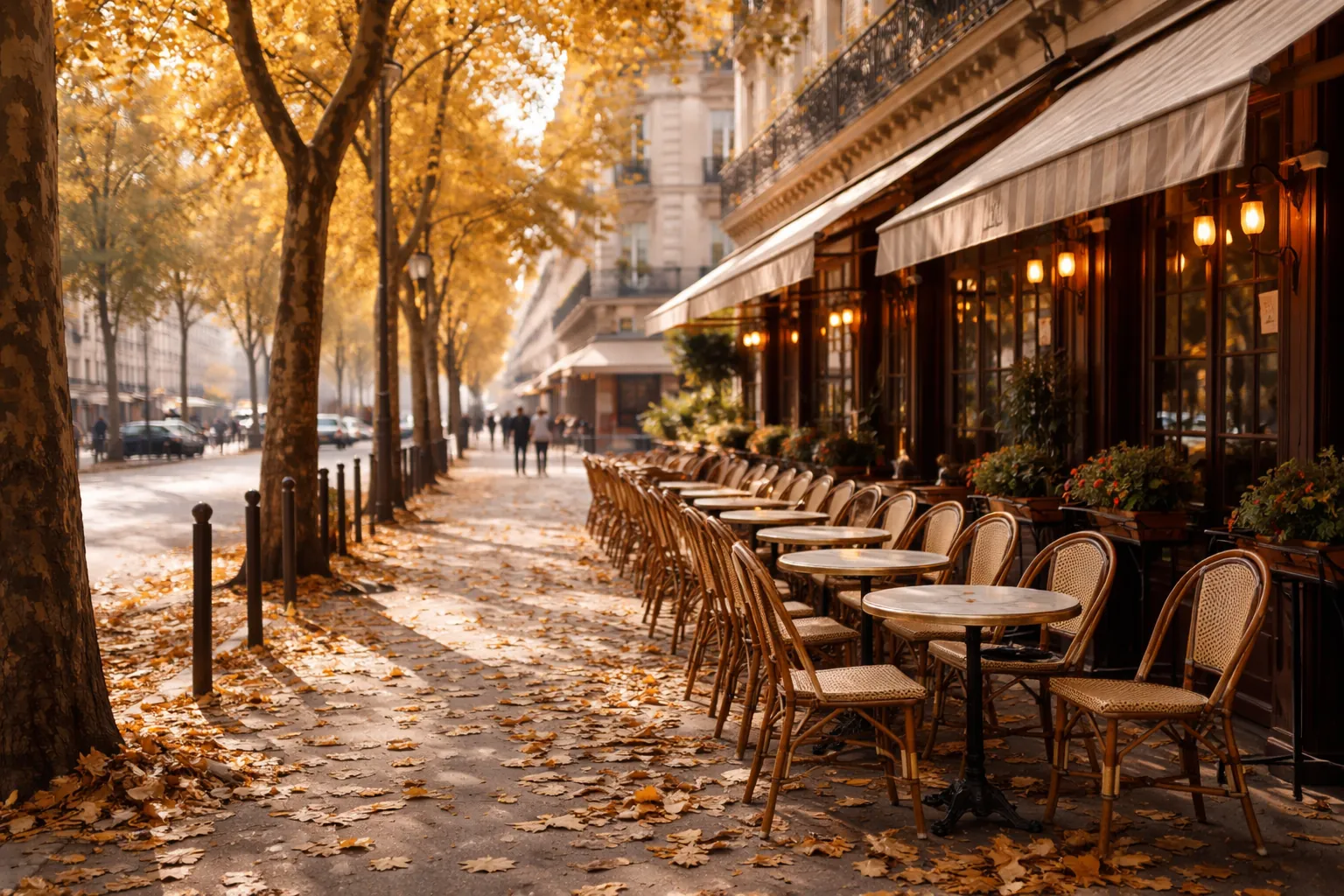 Une rue de Paris en automne avec la terrasse d'un café et des feuilles de platane sur le trottoir