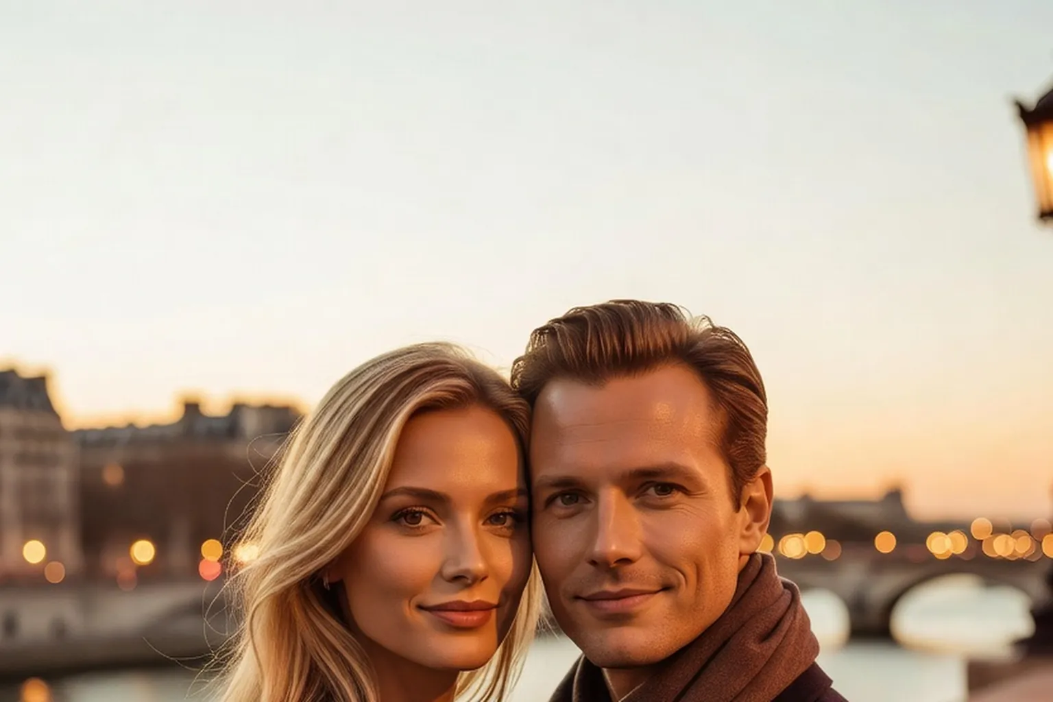Un couple main dans la main sur un pont de pierre parisien au crépuscule