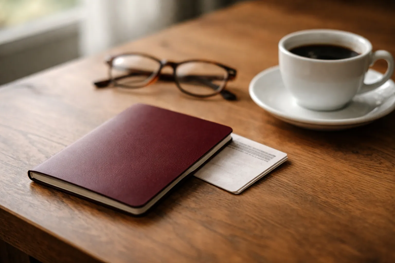 Un passeport fermé, un titre de transport retourné et une tasse de café sur une table en bois
