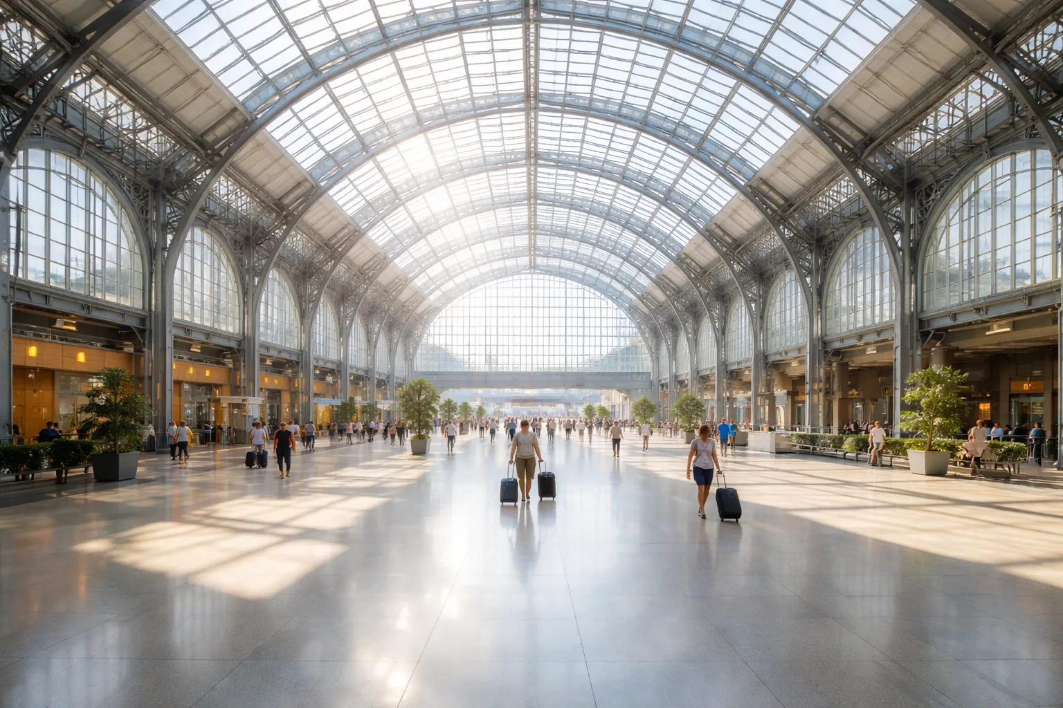 Le grand hall lumineux d'une gare européenne, presque vide à l'heure de l'arrivée des trains