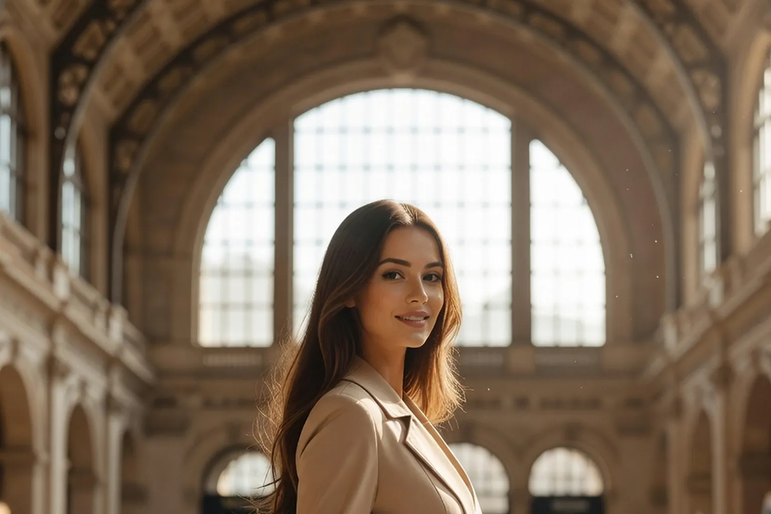 Jeune femme élégante poussant une valise dans le hall lumineux d'une gare, regard tourné vers l'objectif
