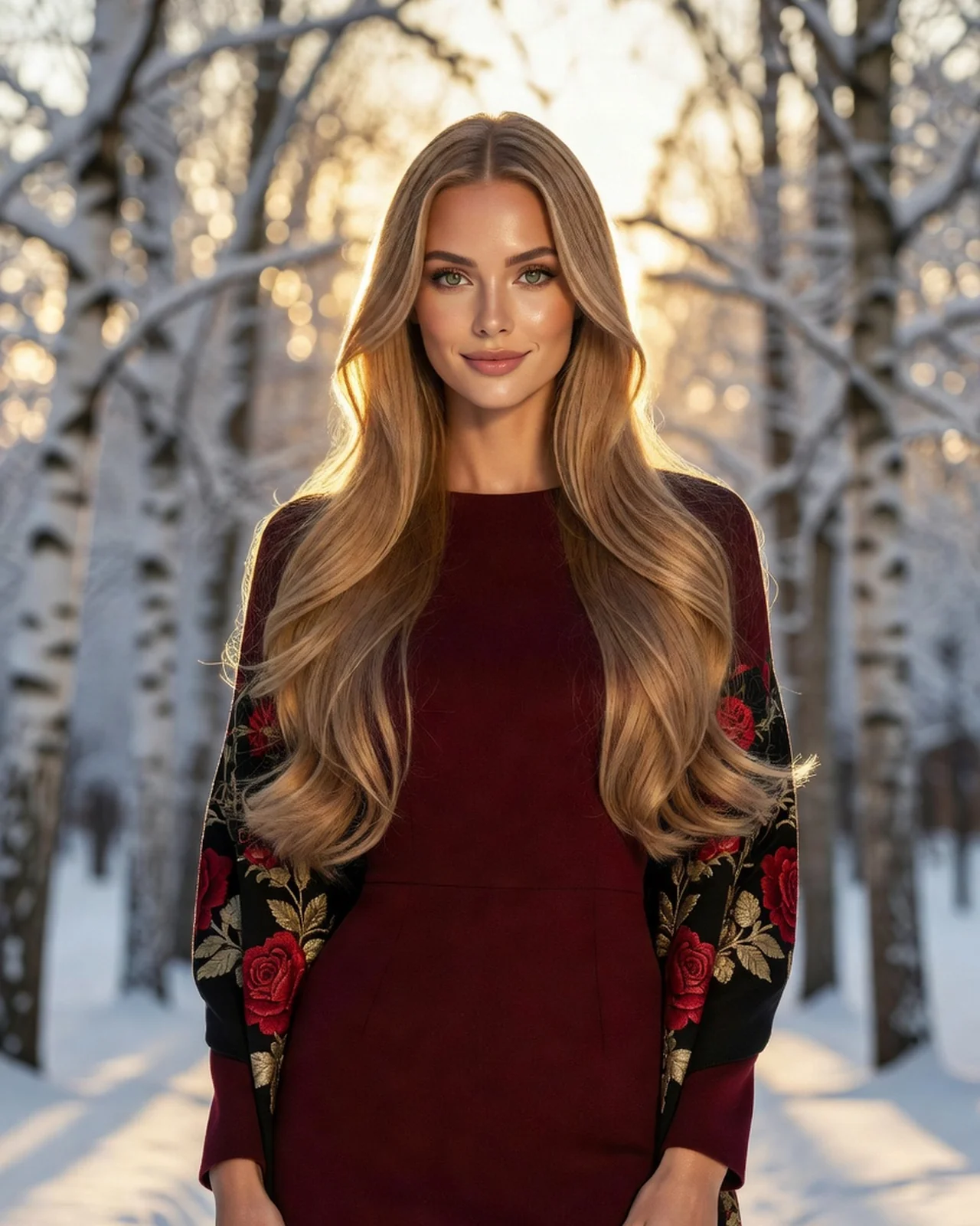 Portrait d'une jeune femme élégante aux longs cheveux blonds, un châle fleuri sur les épaules, dans une allée de bouleaux enneigés à la lumière dorée