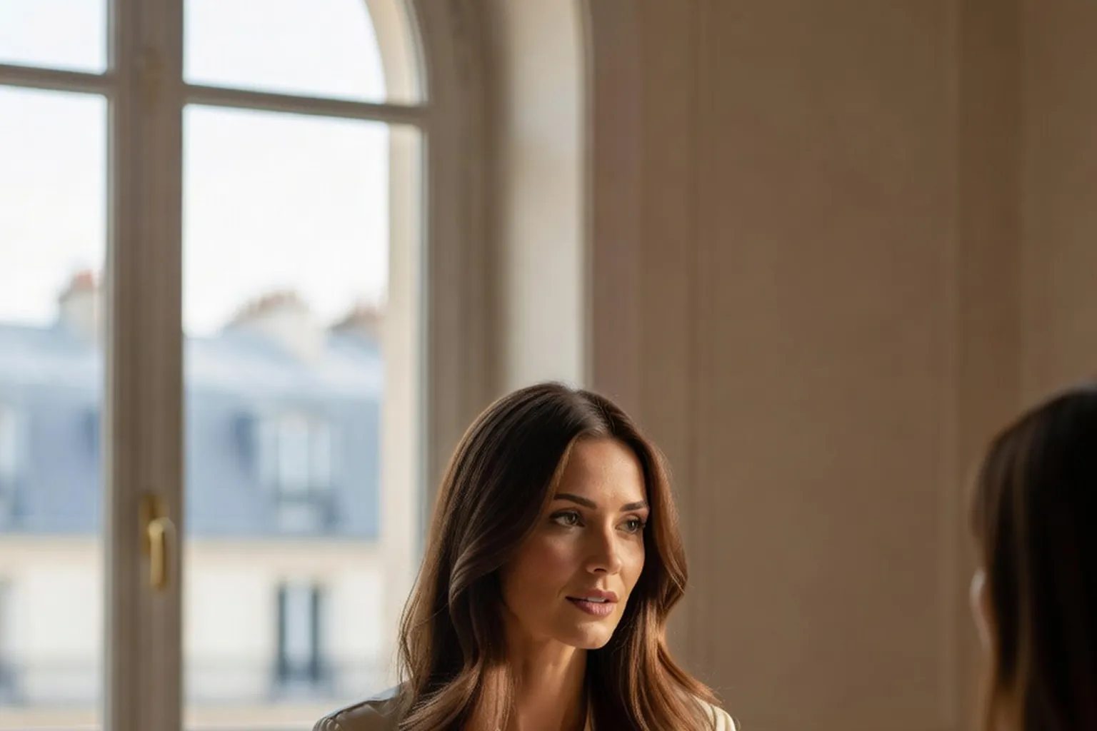 Une femme brune en chemisier crème écoute une conseillère, carnet et tasse de thé sur le bureau, devant une haute fenêtre parisienne