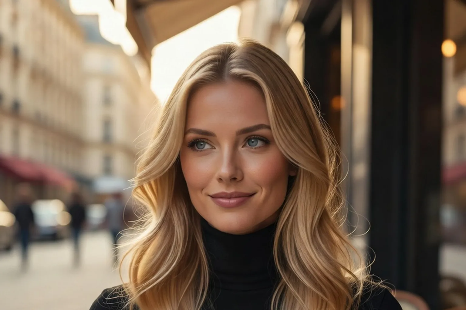 Une femme blonde en col roulé noir à une terrasse de café parisienne, le regard pensif