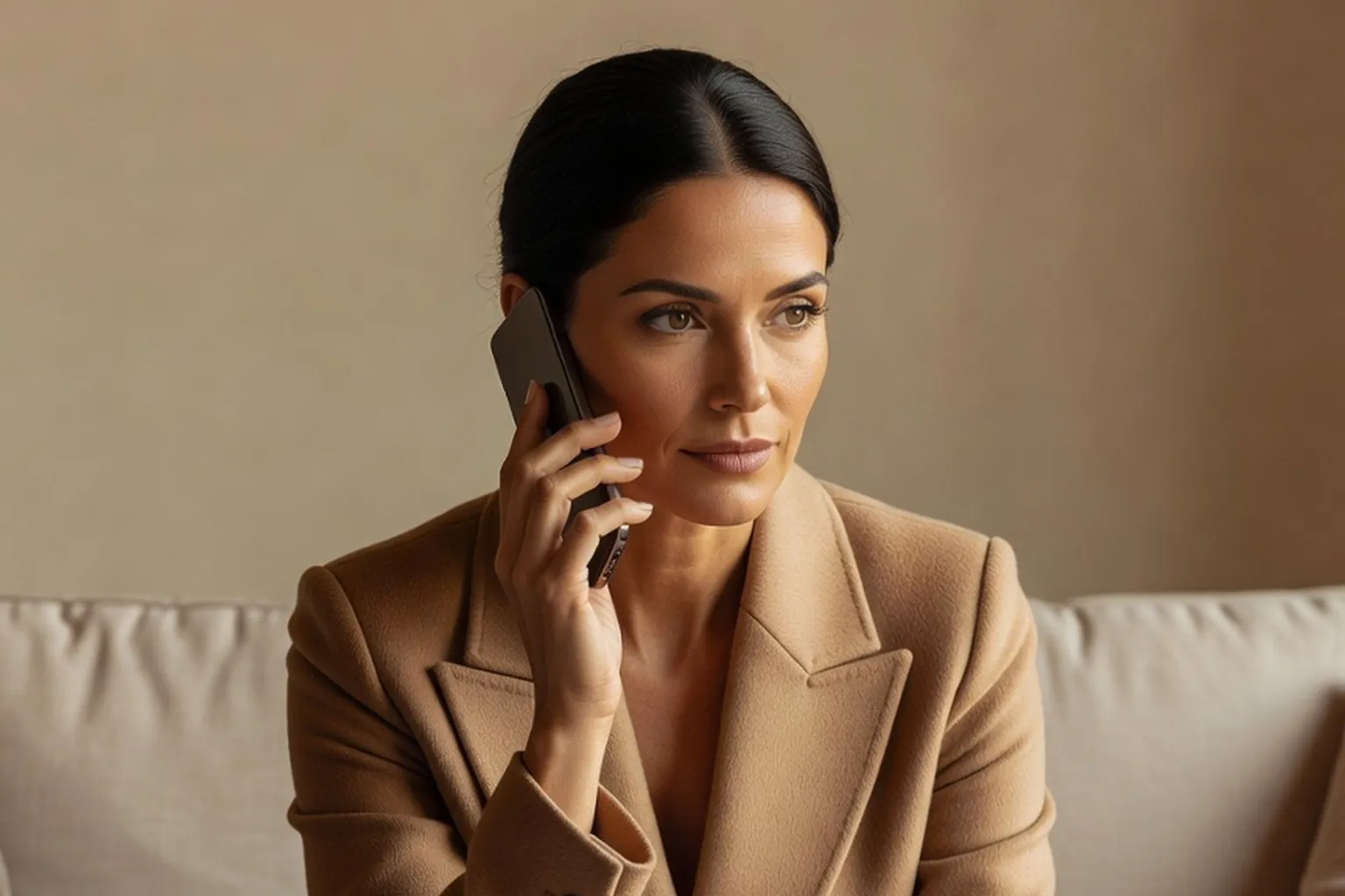 Une femme brune en manteau camel téléphone depuis son canapé, le visage calme et déterminé