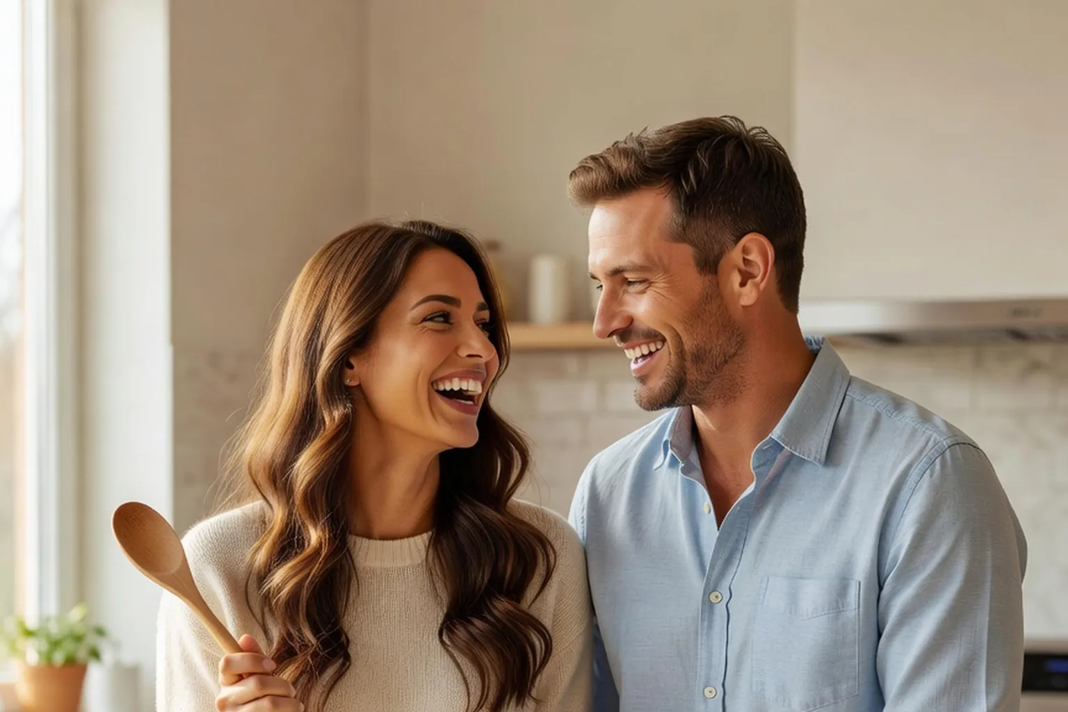 Un couple rit en cuisinant ensemble dans une cuisine lumineuse, la femme brune tient une cuillère en bois