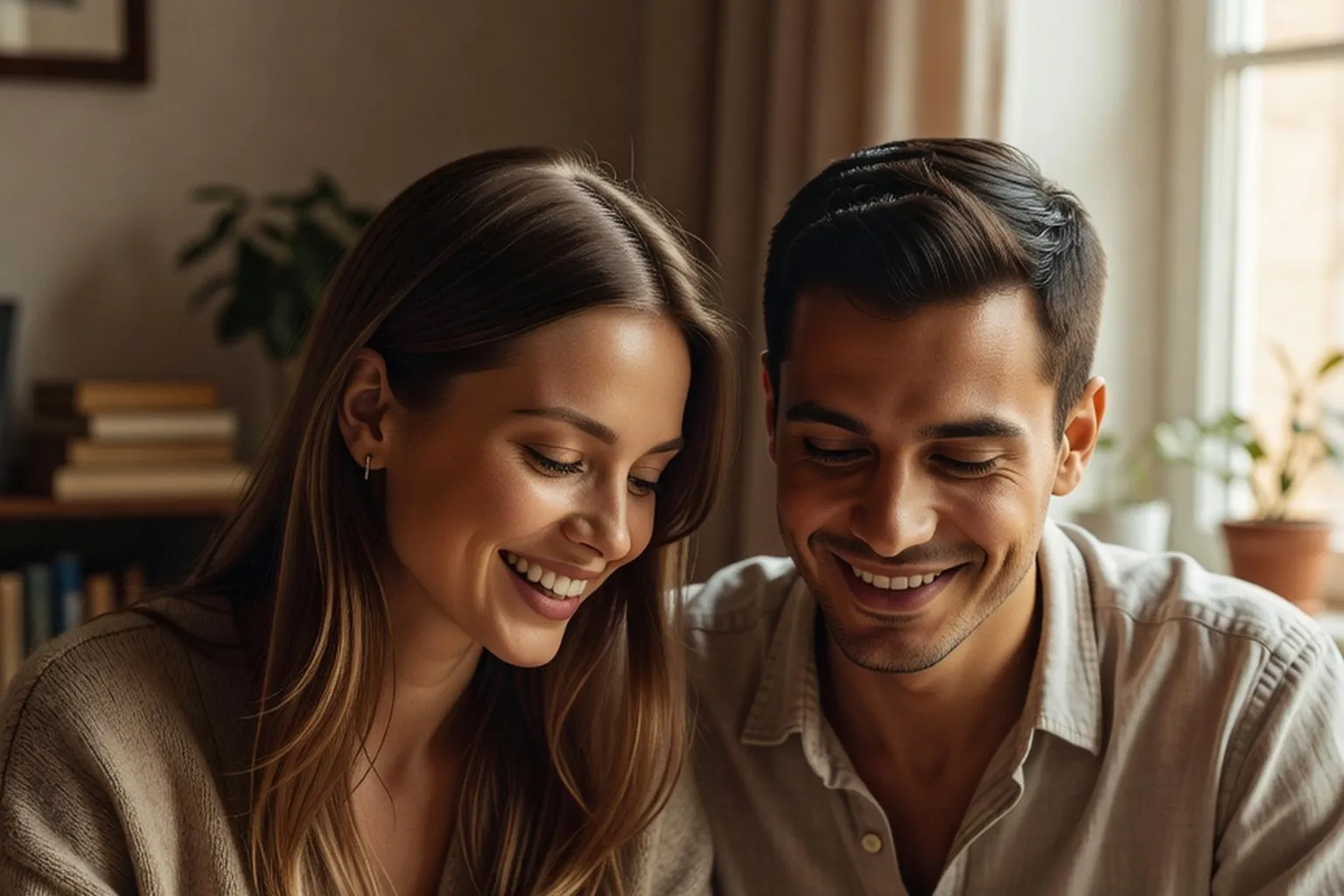 Un couple rit en se penchant sur un cahier où sont écrites des lettres cyrilliques, dans un salon lumineux