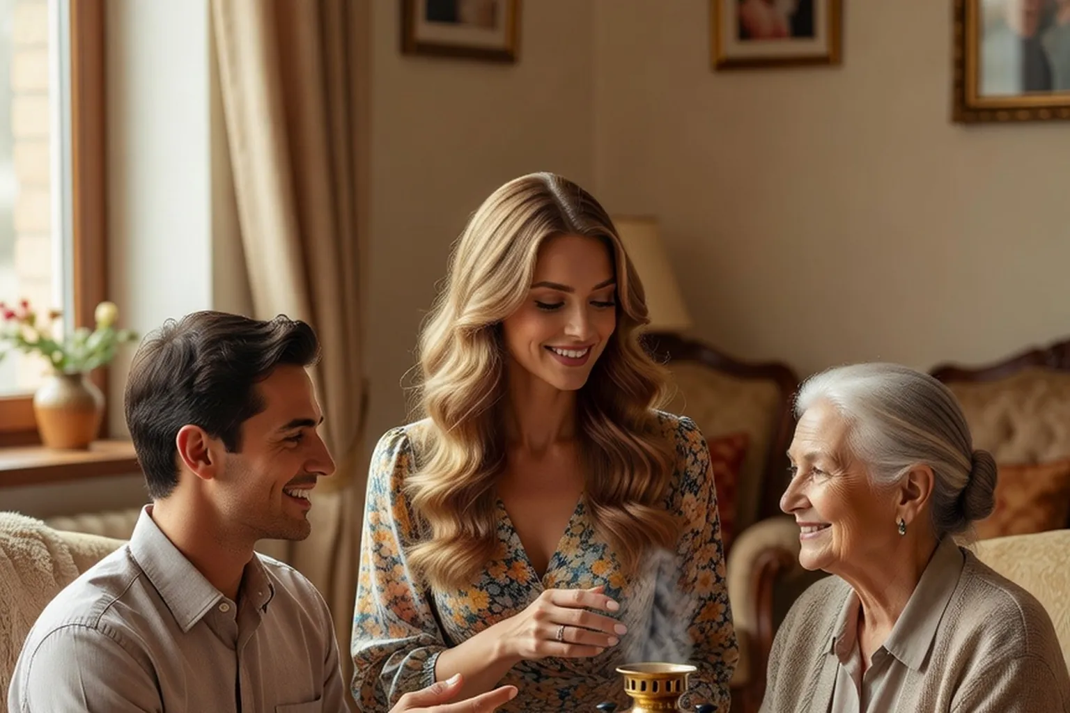 Une jeune femme blonde en robe fleurie présente son compagnon à sa grand-mère souriante autour du thé