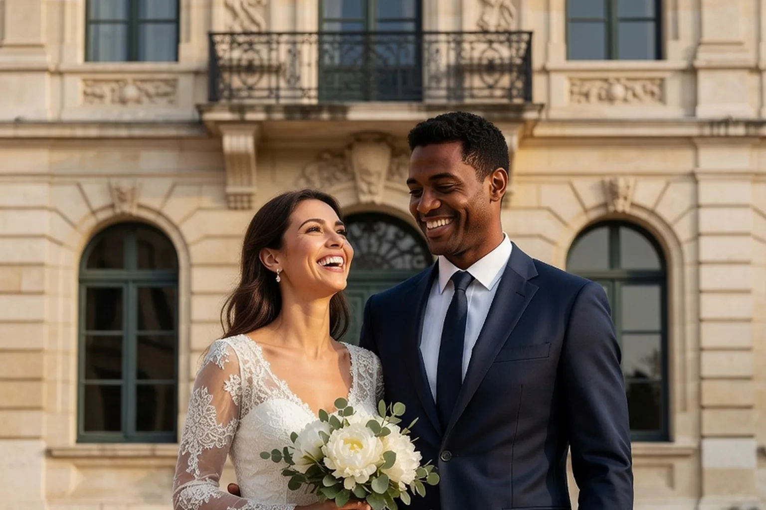 Jeunes mariés souriants sur le parvis d'une mairie française, la mariée en robe claire tenant un bouquet