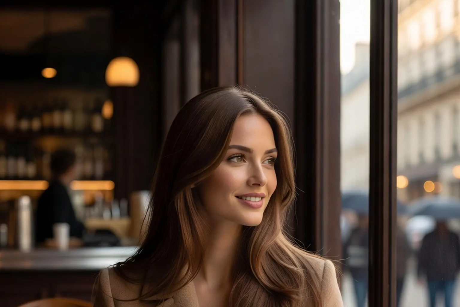 Femme élégante assise à la table d'un café parisien, une tasse devant elle, regardant vers la fenêtre