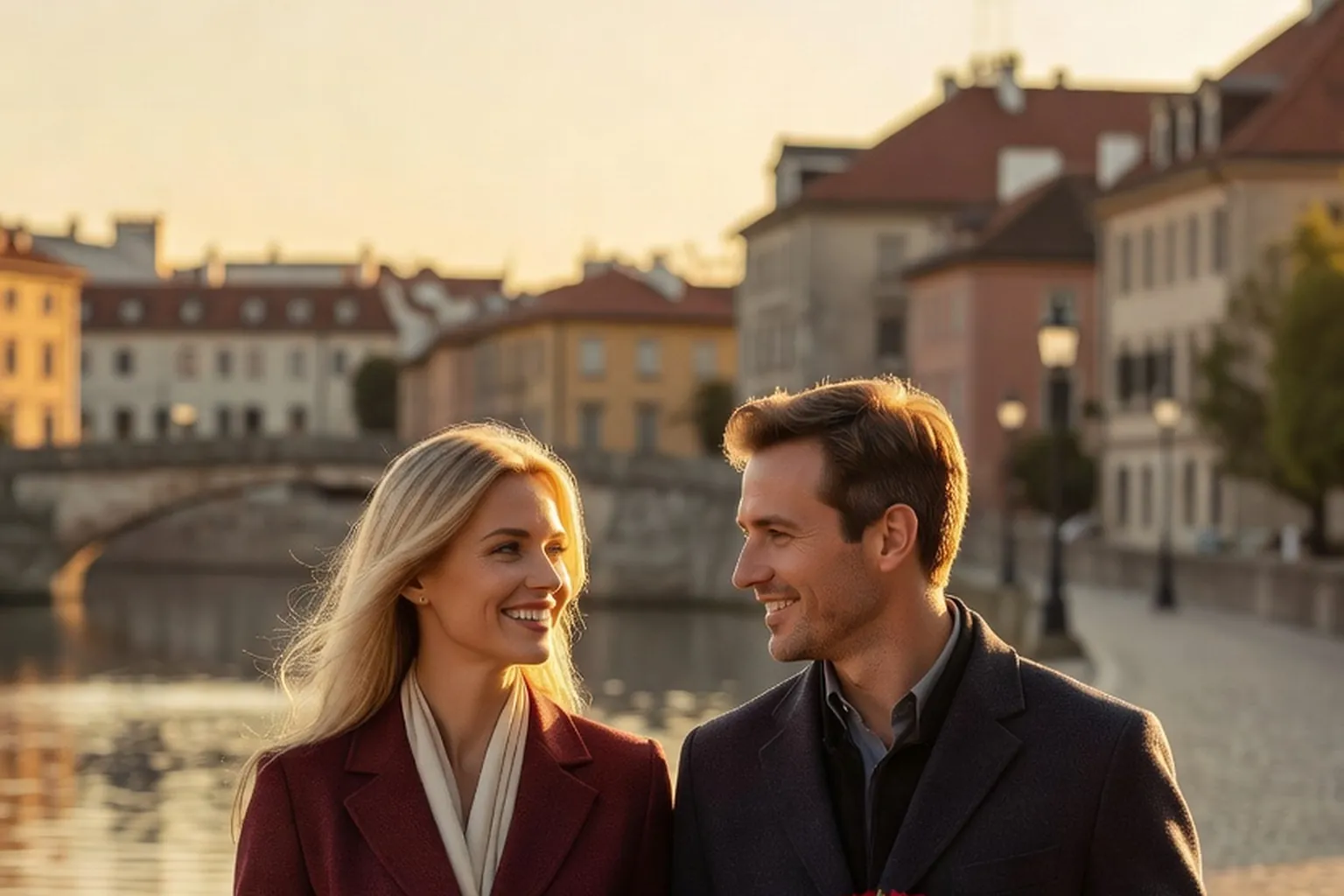 Une femme blonde en manteau bordeaux et un homme en veste sombre se sourient sur un quai au coucher du soleil