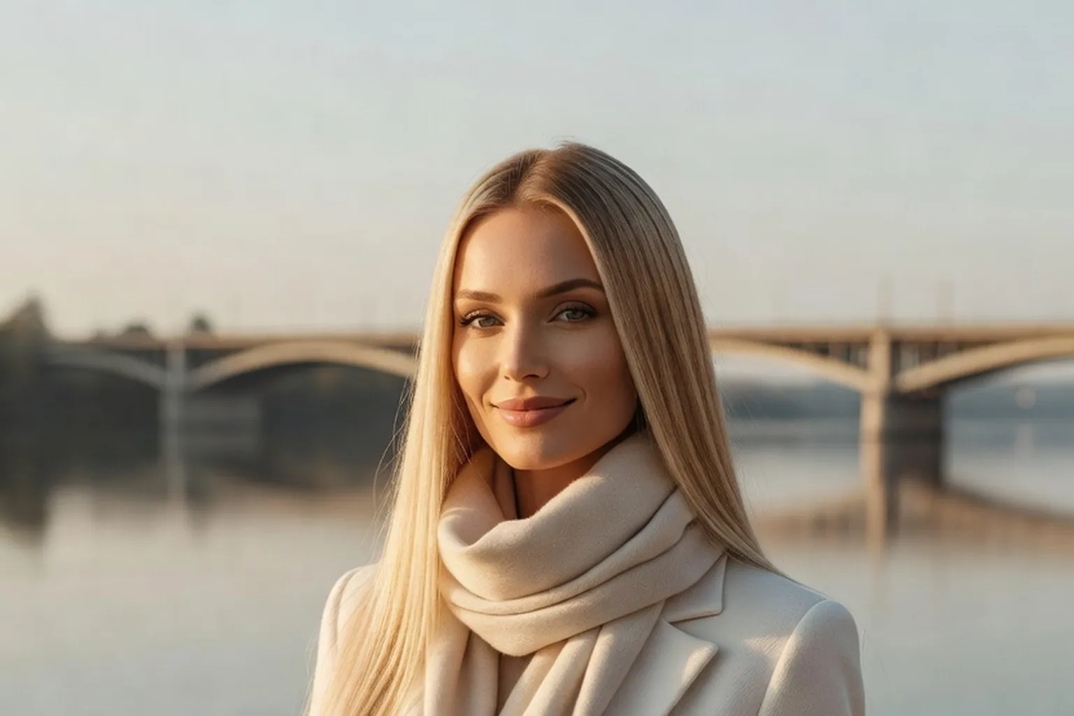 Jeune femme blonde en manteau clair, debout sur un quai au bord d'un grand fleuve, regard tourné vers l'objectif