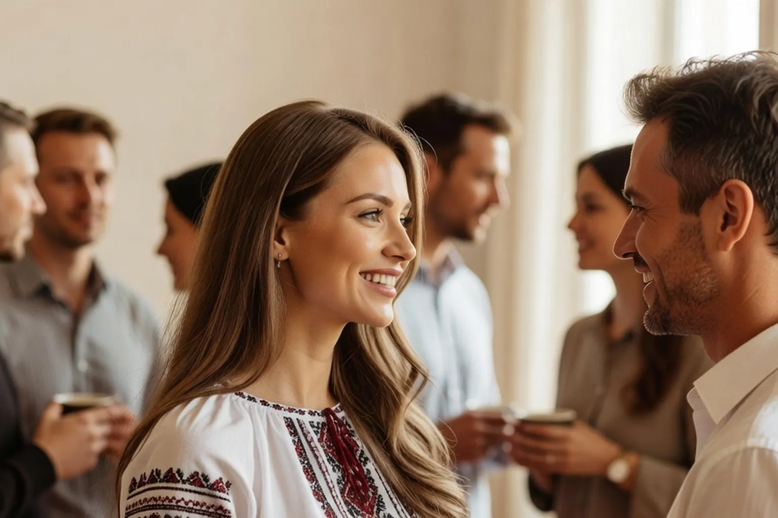 Une femme aux cheveux châtain clair en blouse brodée discute avec un homme souriant lors d'une soirée d'échange linguistique