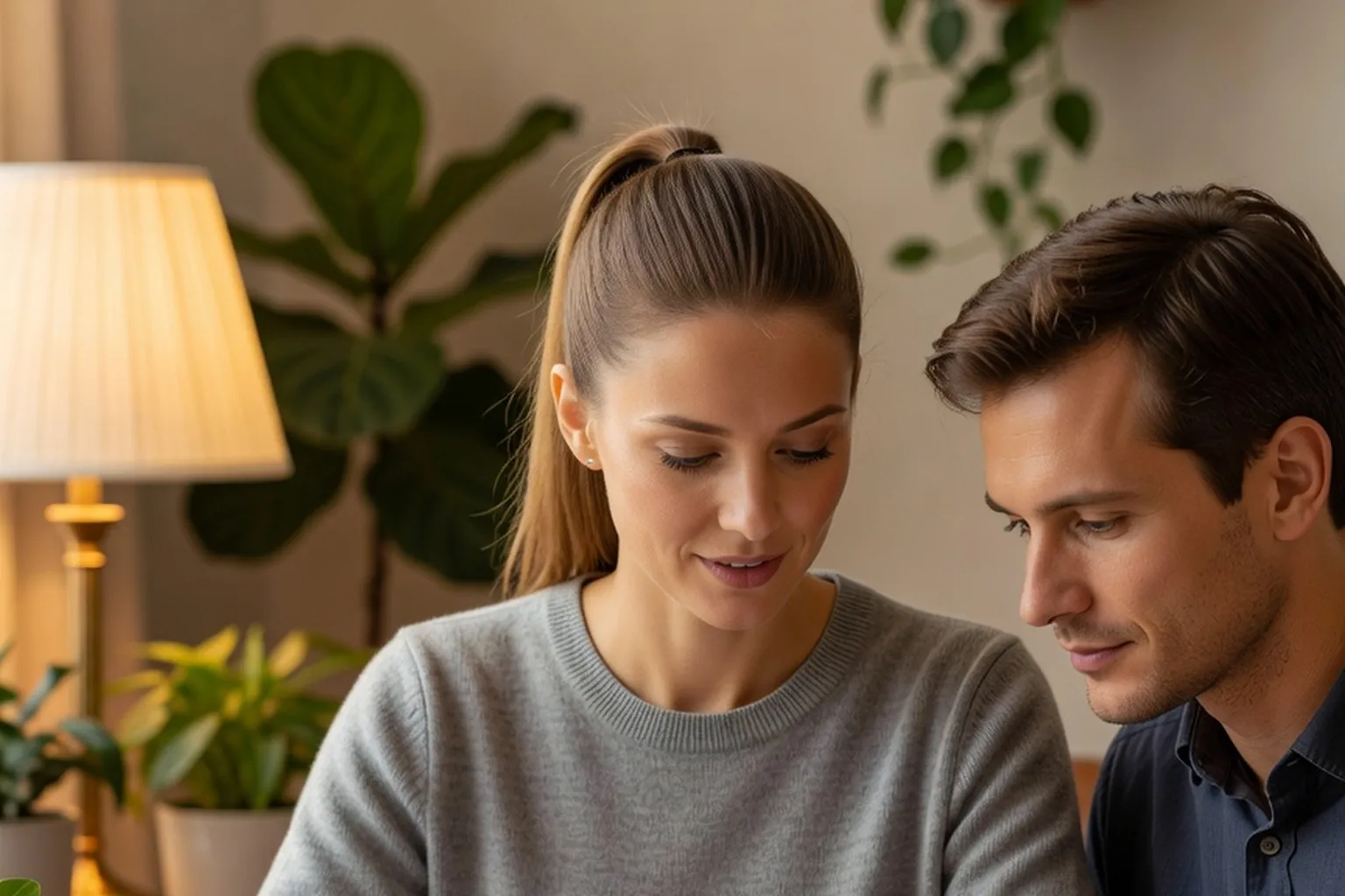 Une femme en pull gris et son compagnon examinent ensemble un formulaire et un calendrier sous une lampe